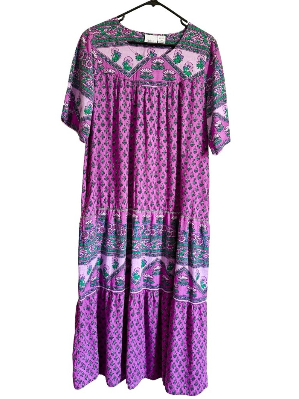 Vermont Country Store Muumuu Dress Purple Floral Boho Folk Indian Print Kaftan